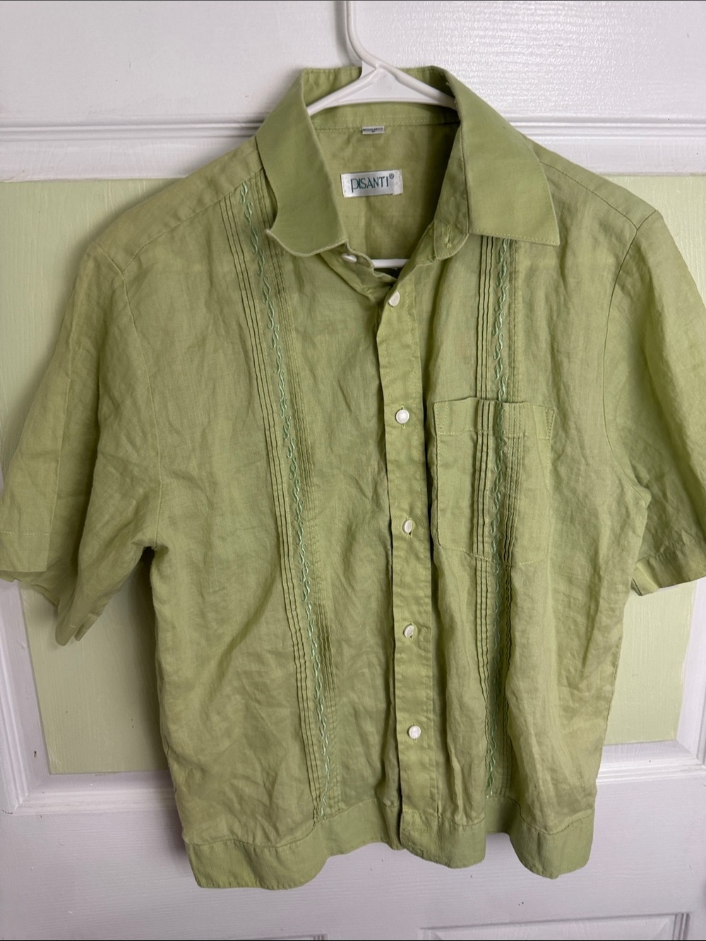 (2329) Pisanti  Light Green Short-Sleeve Linen Button-Up Shirt, Size: Small